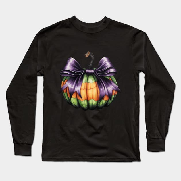 Fall Pumpkin green and purple with Big Bow Long Sleeve T-Shirt by LaartStudio